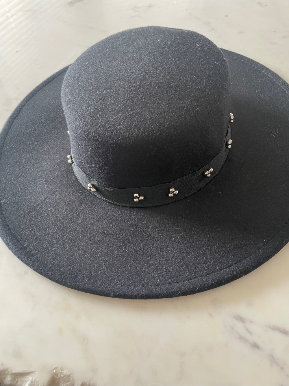 Black Wide-Brim Wool Felt Hat with Studded Band